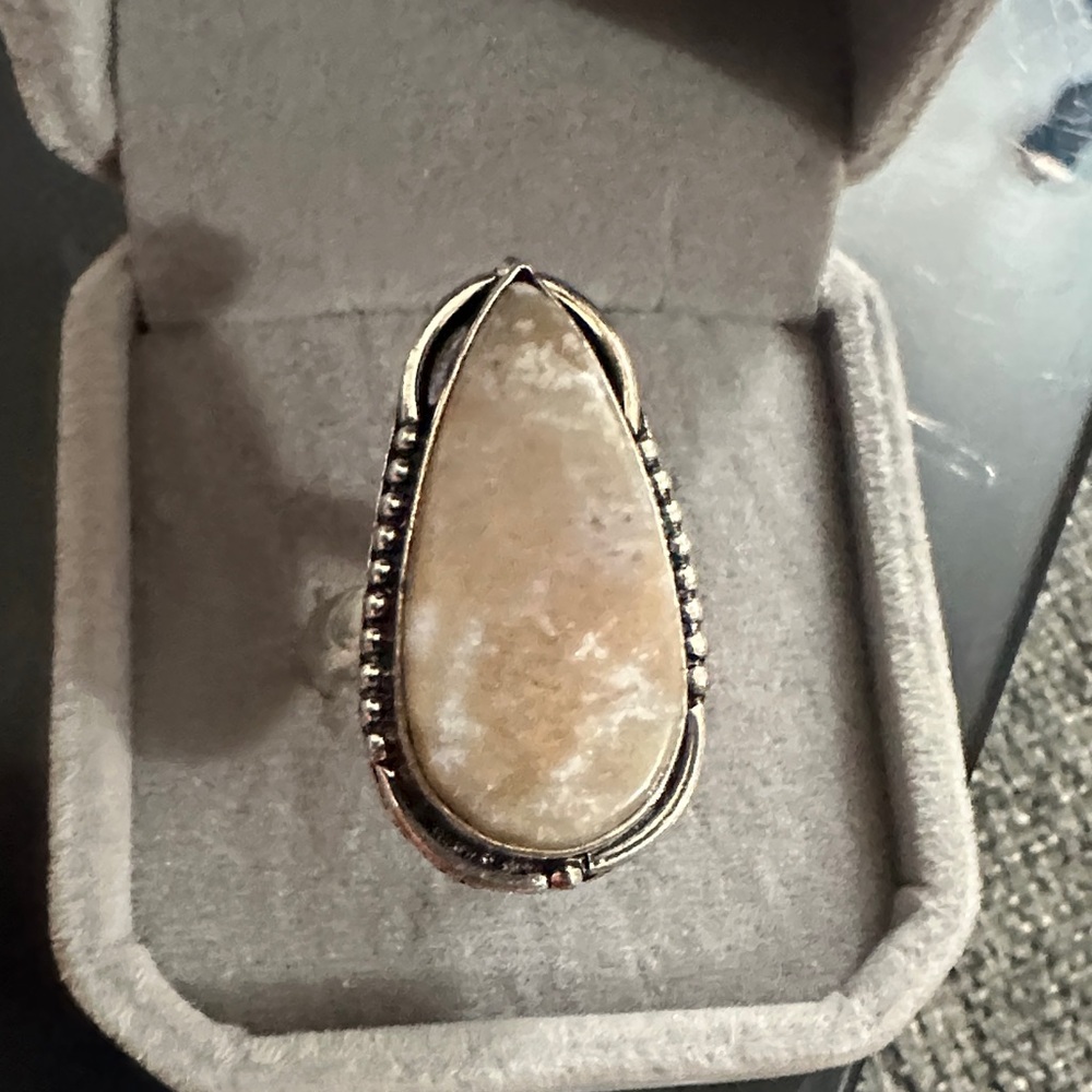 Sterling Silver Teardrop Beige Stone Ring - Women Jewelry Size 9